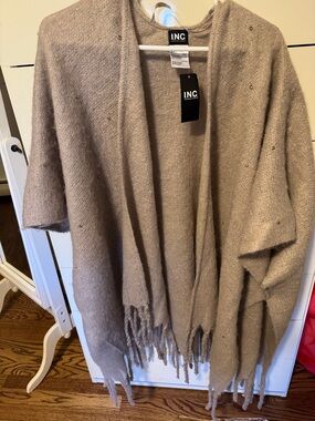 INC International Concepts Taupe Fringe Open Front Sweater Poncho